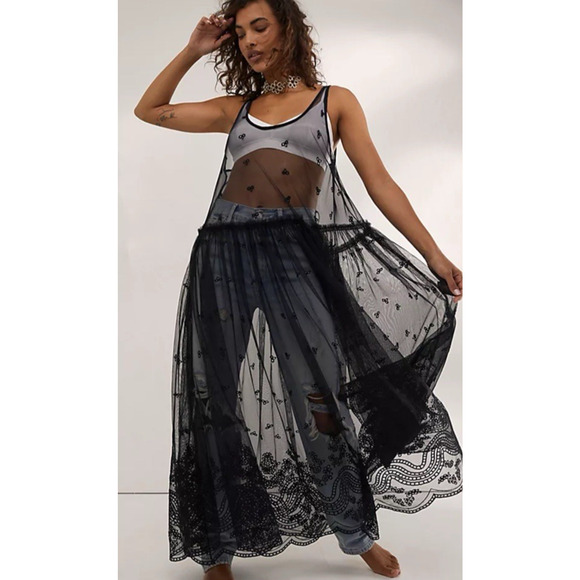 Free People Slip Dress Medium Nowhere To Go Black Sheer Lace Maxi Long Boho - Picture 1 of 13